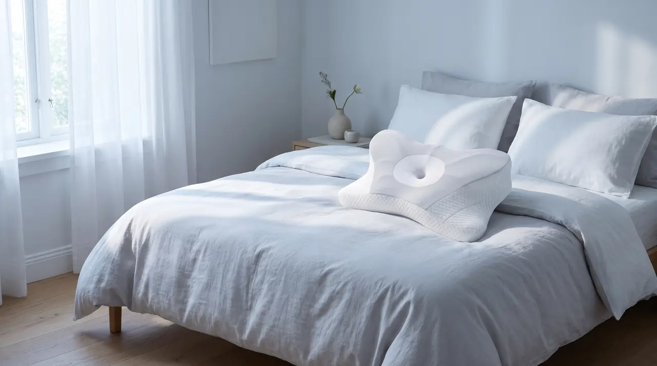 The Cerivelle pillow on a made bed in morning light