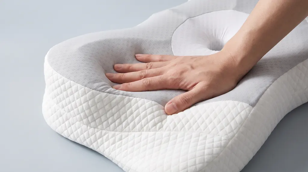 A hand pressing into the pillow; the memory foam gives slowly under the palm